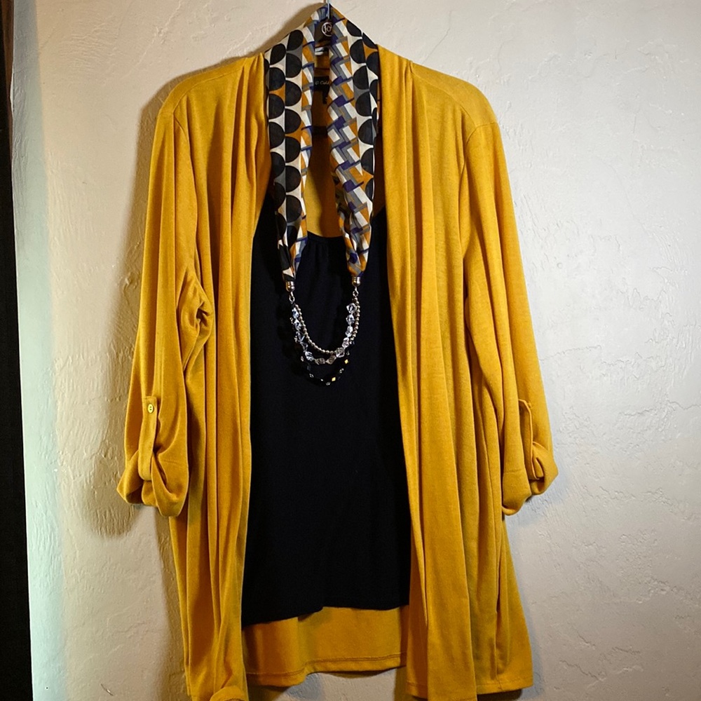 One Piece Black with Mustard cardigan with scarf necklace